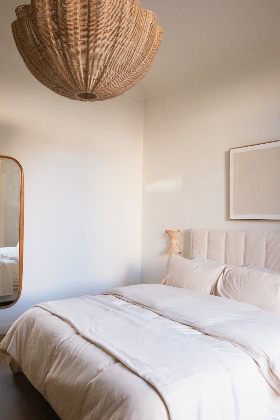 Lula Mare bedroom with woven pendant light